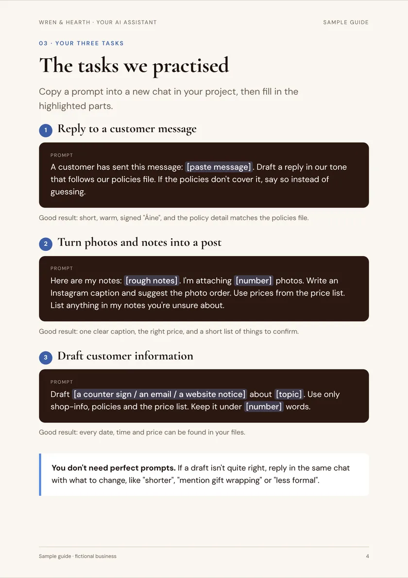 Sample guide page: the three tasks, with prompts to reuse