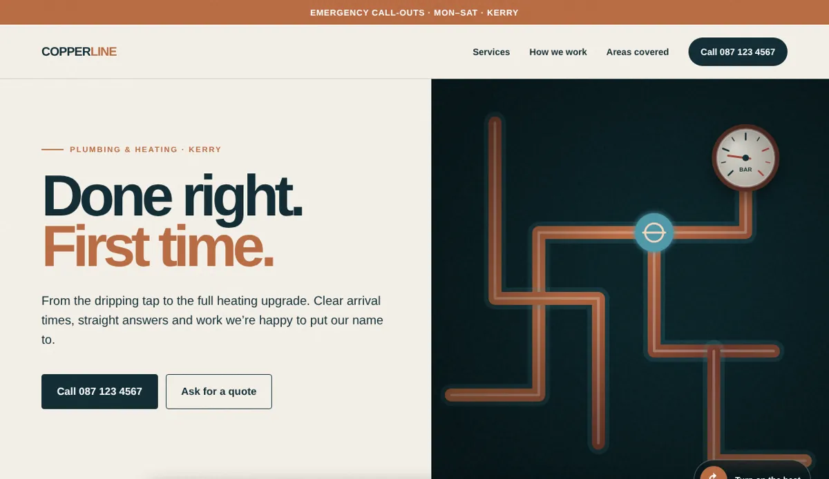 Copperline demo website with three numbered annotations