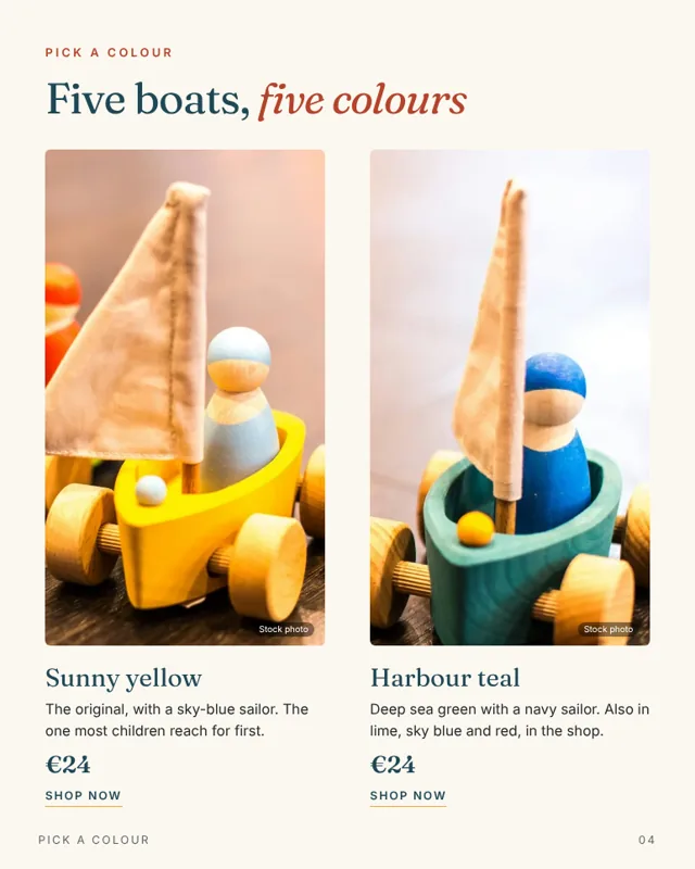 Sample page: two colours of the sailboat with prices