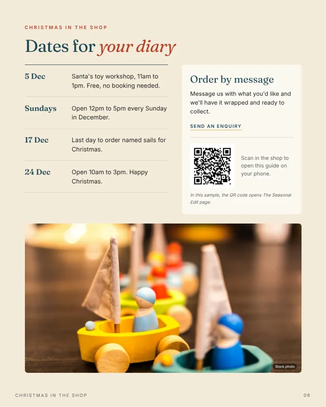 Sample page: Christmas dates and in-store QR code