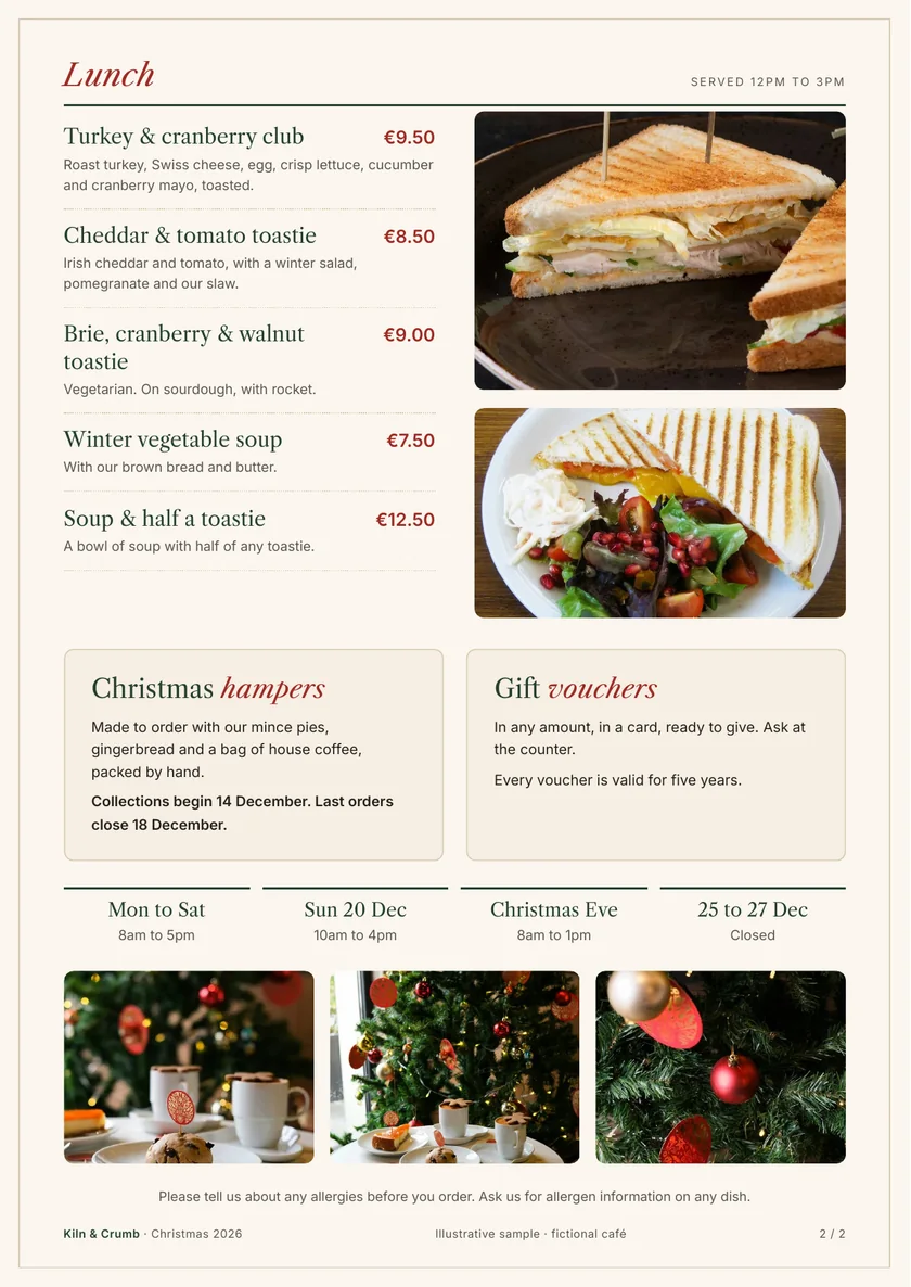 Page 2 of the sample Kiln & Crumb Christmas menu: lunch, hampers and vouchers