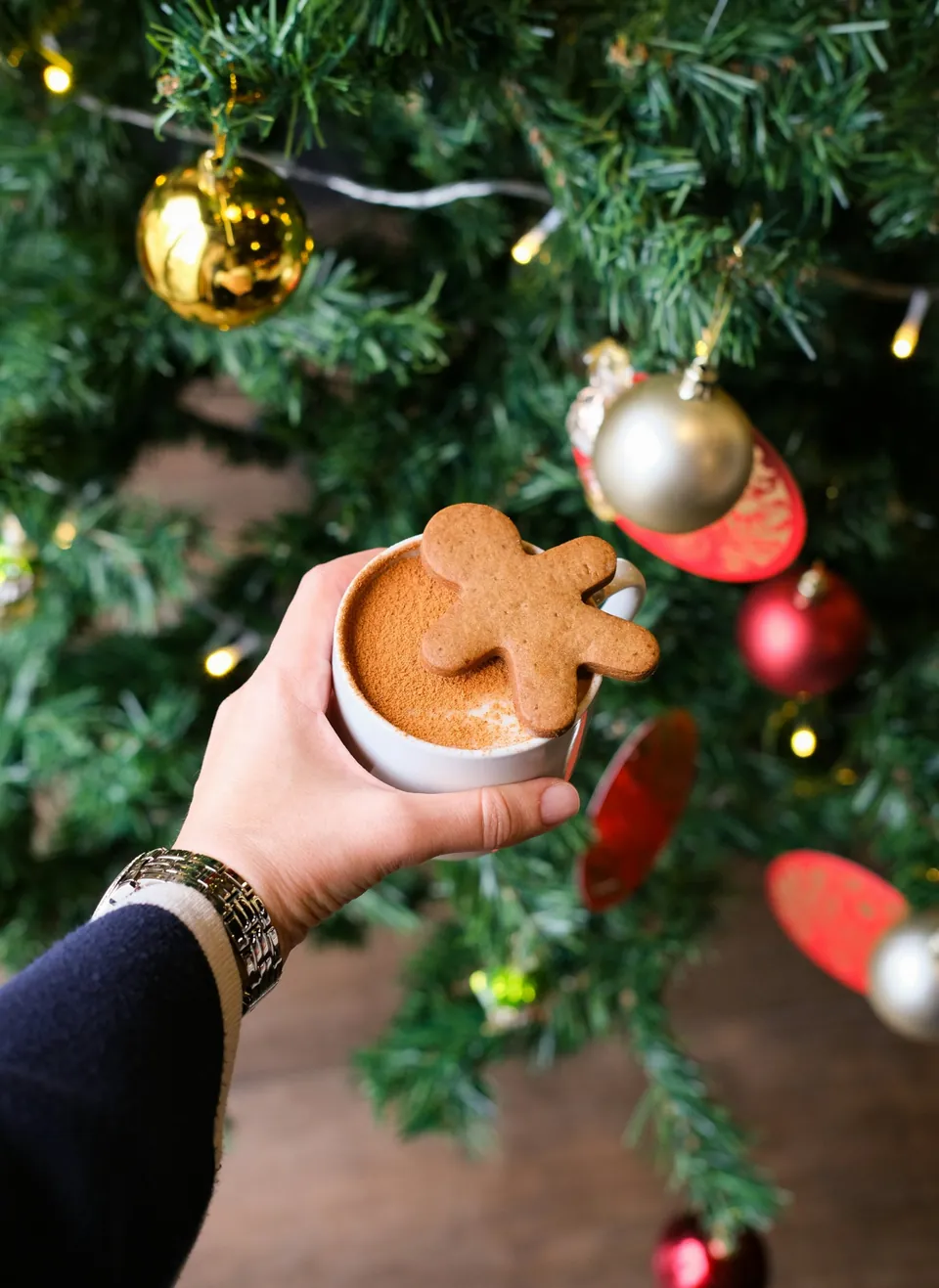 A gingerbread hot chocolate held up against the tree