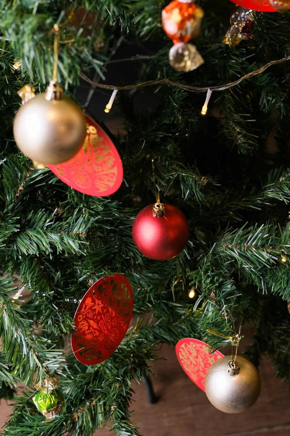 Close-up of baubles and lights