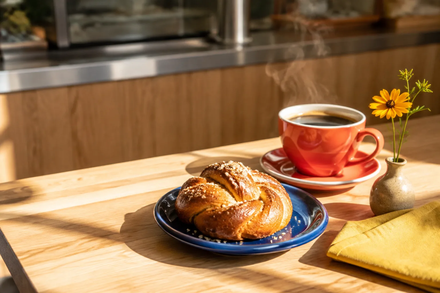 Coffee and a fresh cardamom bun in the morning sun