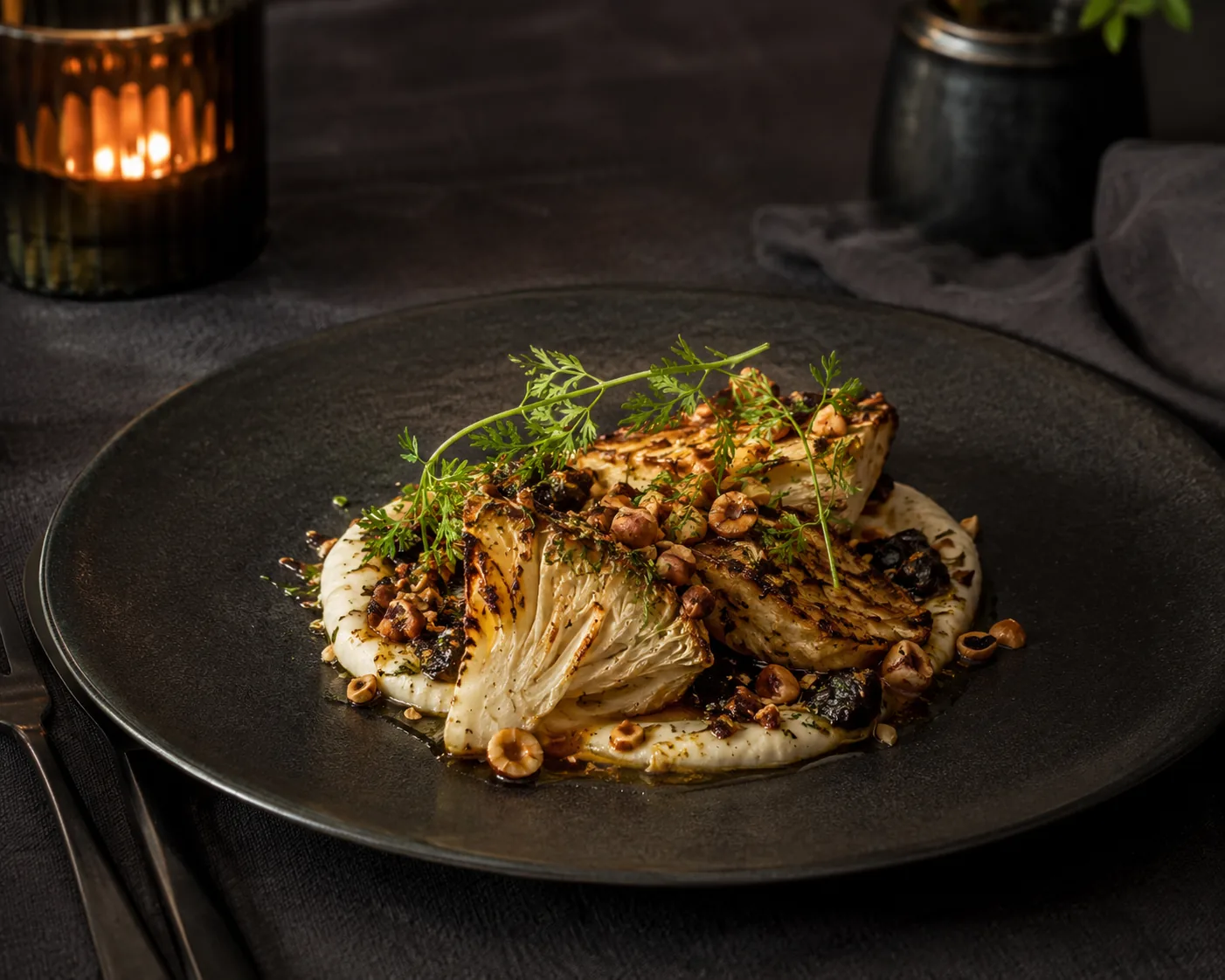 Roasted celeriac with hazelnut and herbs