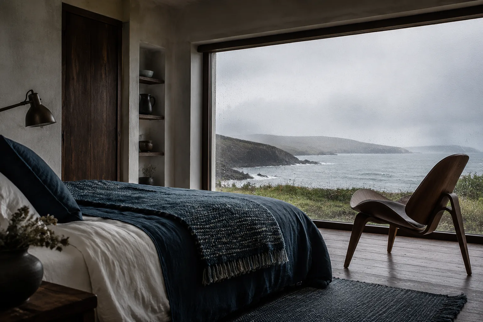 Coastal room looking over a rainy Atlantic