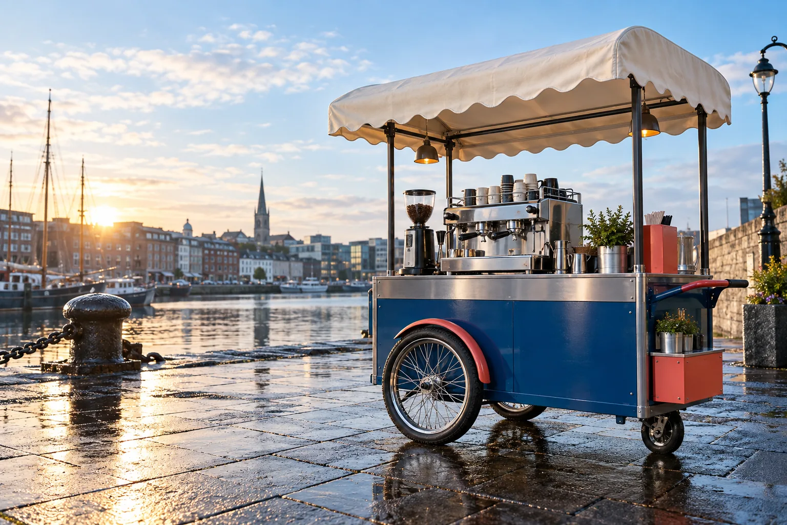 A blue and coral espresso cart on an Irish quay