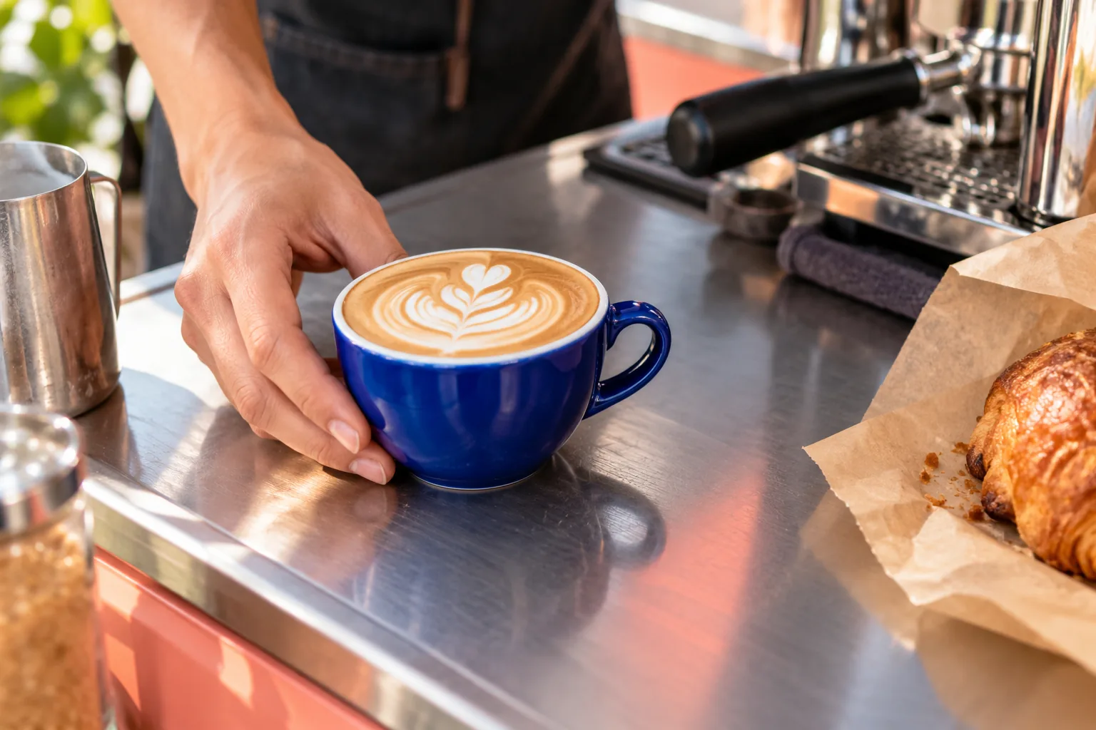 A flat white in a cobalt blue cup on the coffee cart