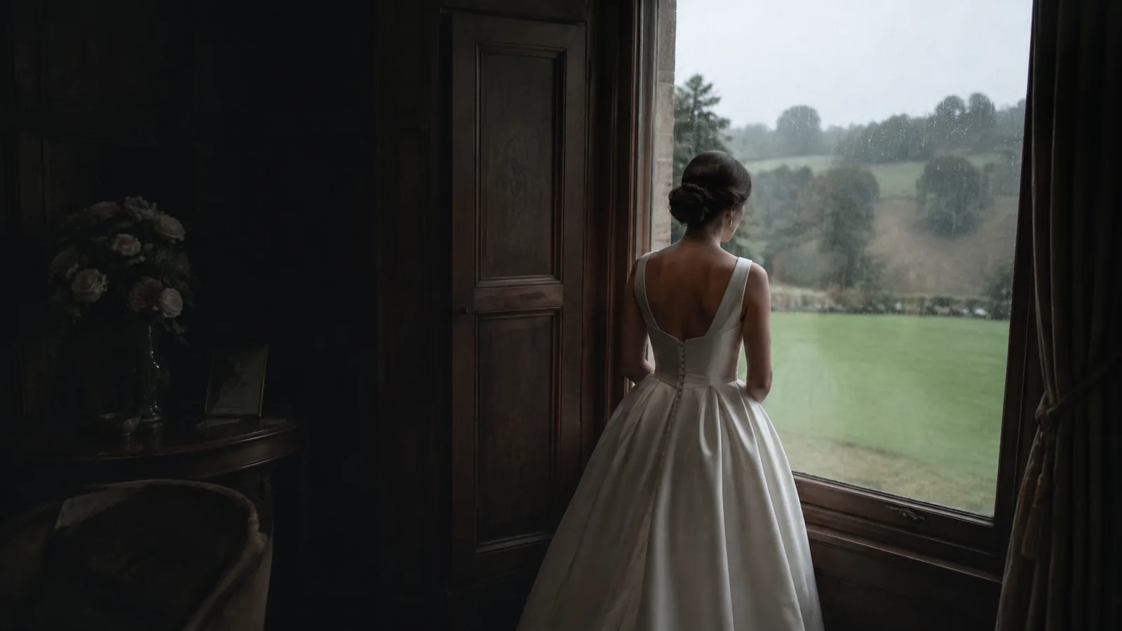 Bride at a rain-lit window