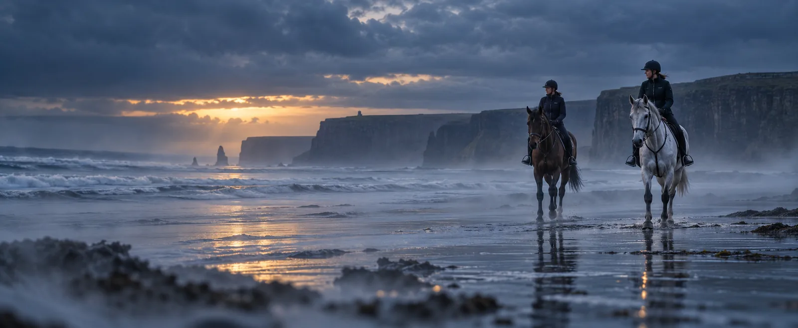 Two riders crossing an Atlantic beach beneath the cliffs
