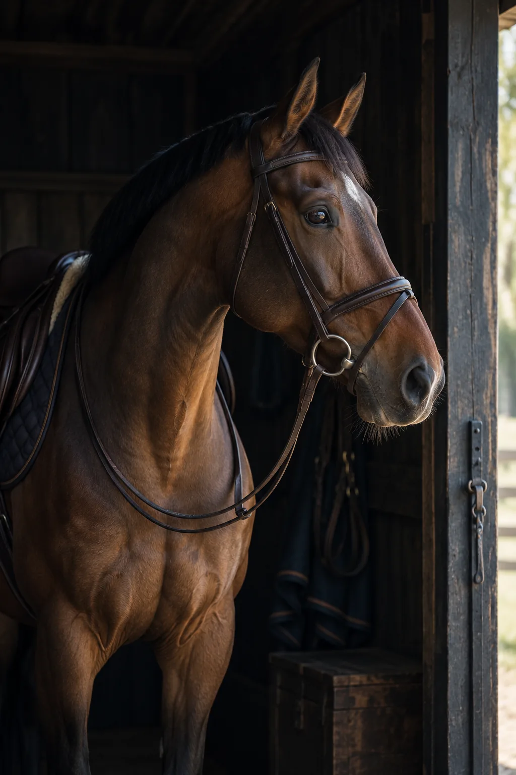 A bay horse waiting in a dark timber stable