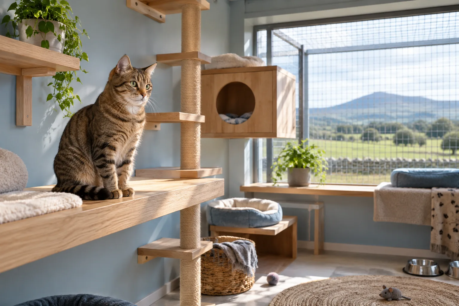 Quiet timber cat suite with shelves and a garden window