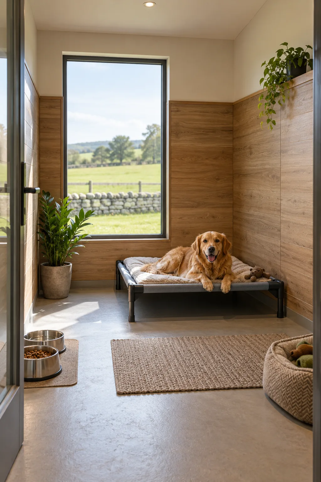 Bright private dog room opening onto a secure green run