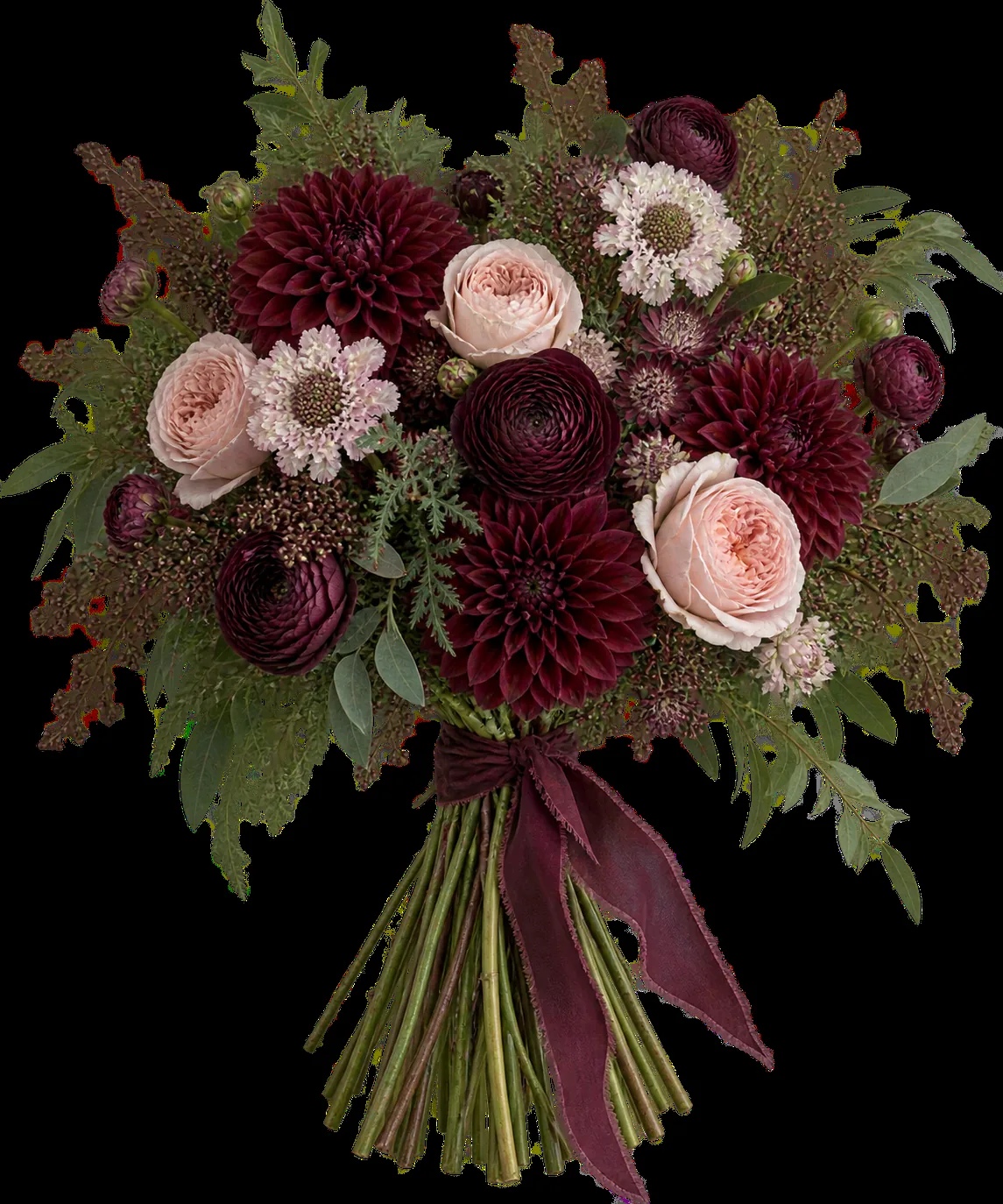 Burgundy, blush and green hand-tied bouquet