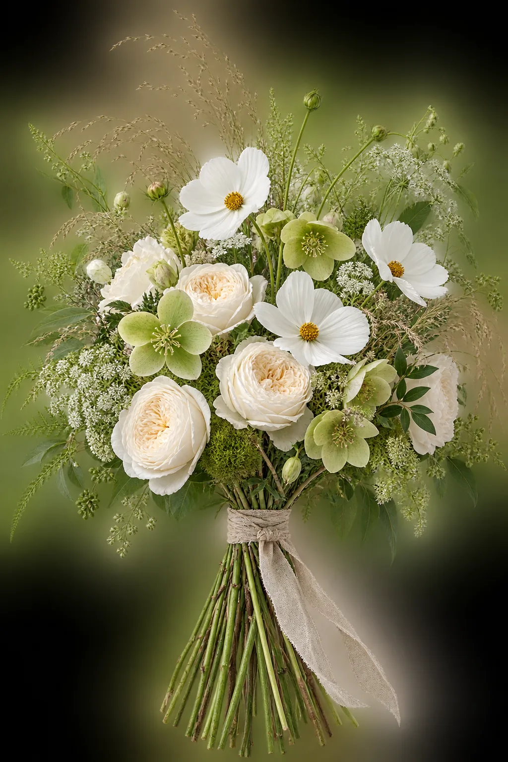 Ivory and pale green hand-tied bouquet